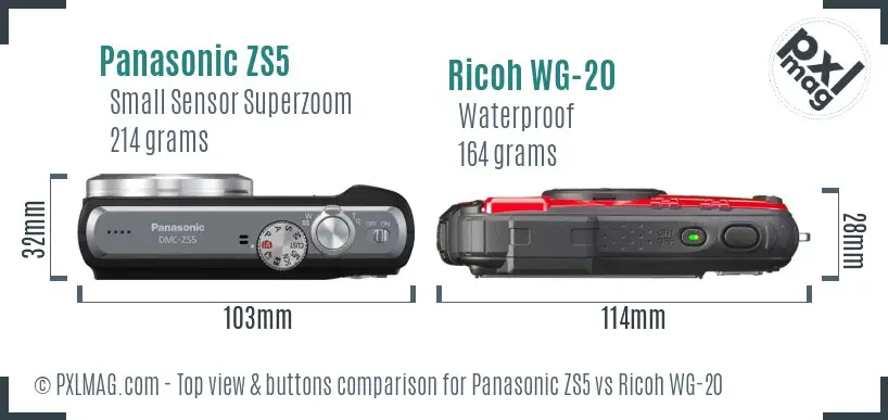Panasonic ZS5 vs Ricoh WG-20 top view buttons comparison