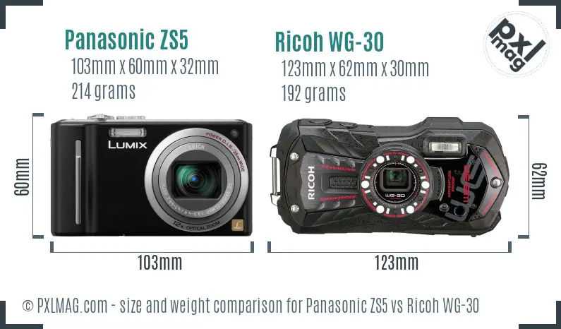 Panasonic ZS5 vs Ricoh WG-30 size comparison