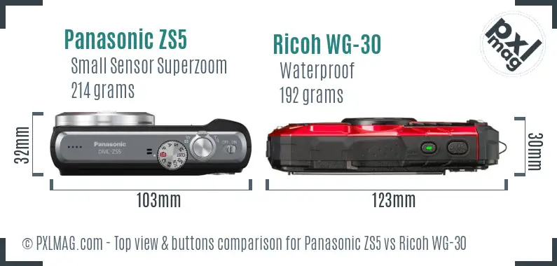 Panasonic ZS5 vs Ricoh WG-30 top view buttons comparison