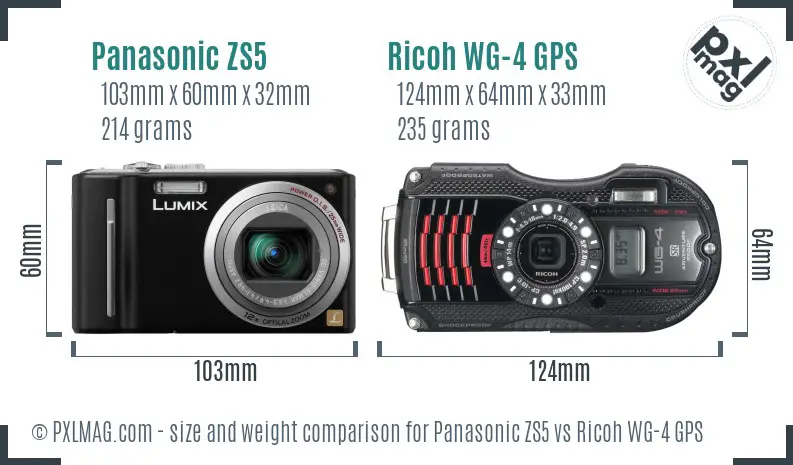 Panasonic ZS5 vs Ricoh WG-4 GPS size comparison