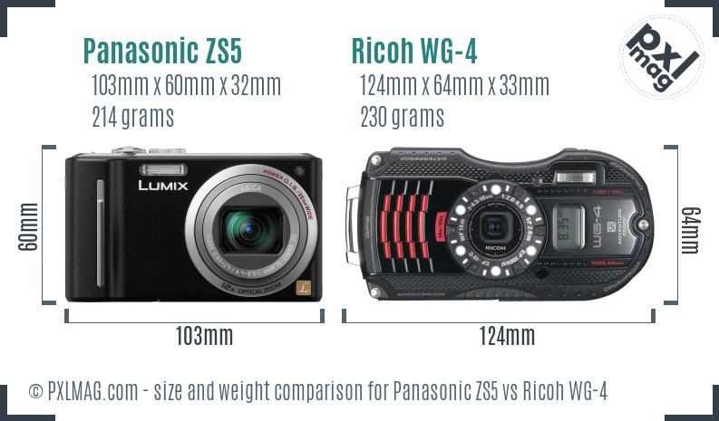 Panasonic ZS5 vs Ricoh WG-4 size comparison