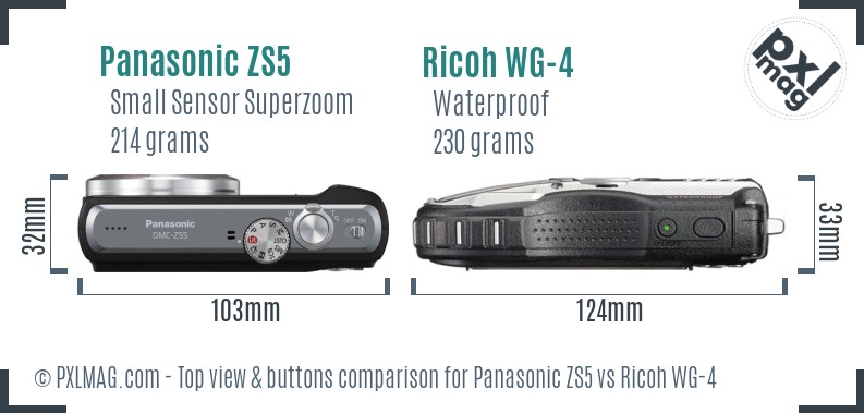Panasonic ZS5 vs Ricoh WG-4 top view buttons comparison