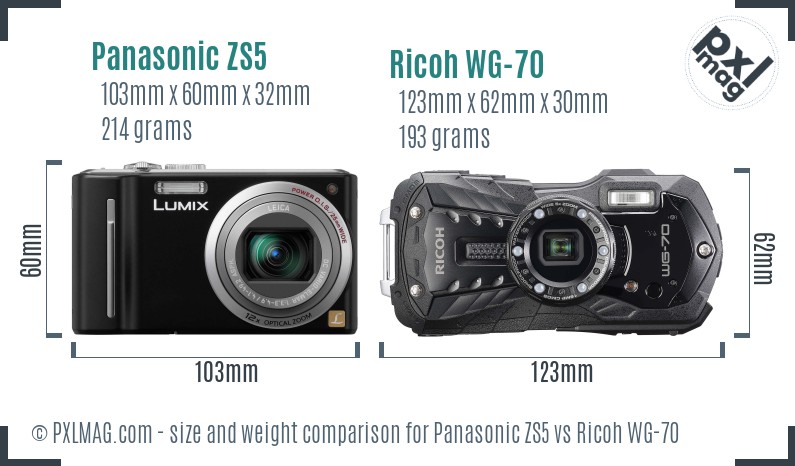 Panasonic ZS5 vs Ricoh WG-70 size comparison