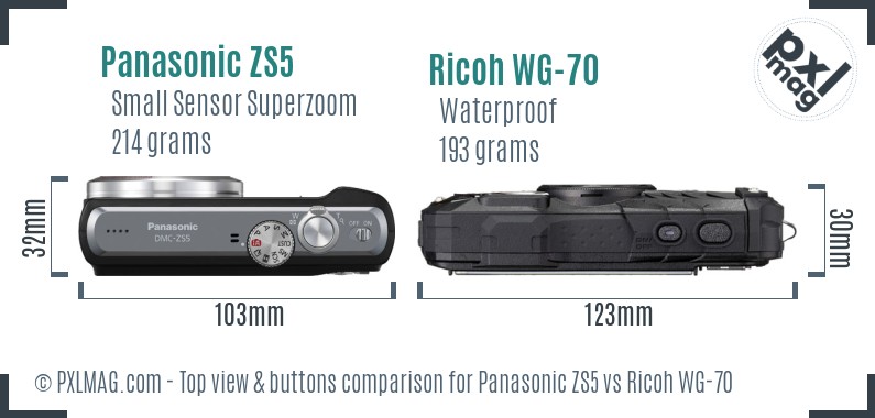 Panasonic ZS5 vs Ricoh WG-70 top view buttons comparison