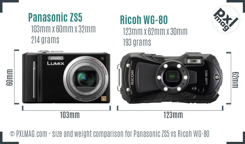 Panasonic ZS5 vs Ricoh WG-80 size comparison