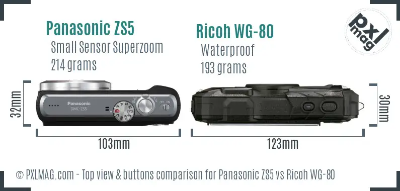 Panasonic ZS5 vs Ricoh WG-80 top view buttons comparison