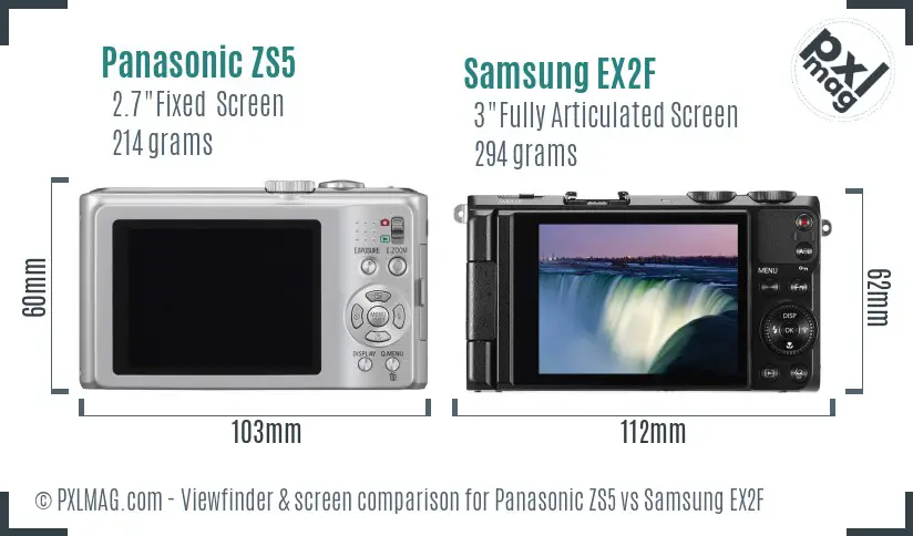 Panasonic ZS5 vs Samsung EX2F Screen and Viewfinder comparison