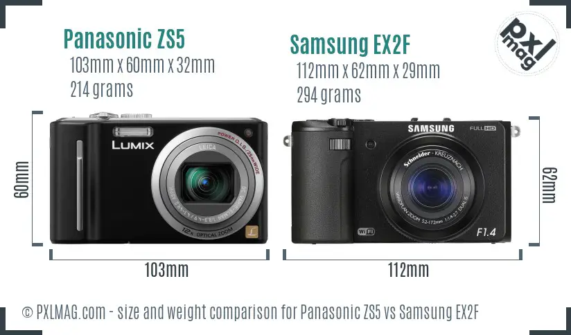Panasonic ZS5 vs Samsung EX2F size comparison