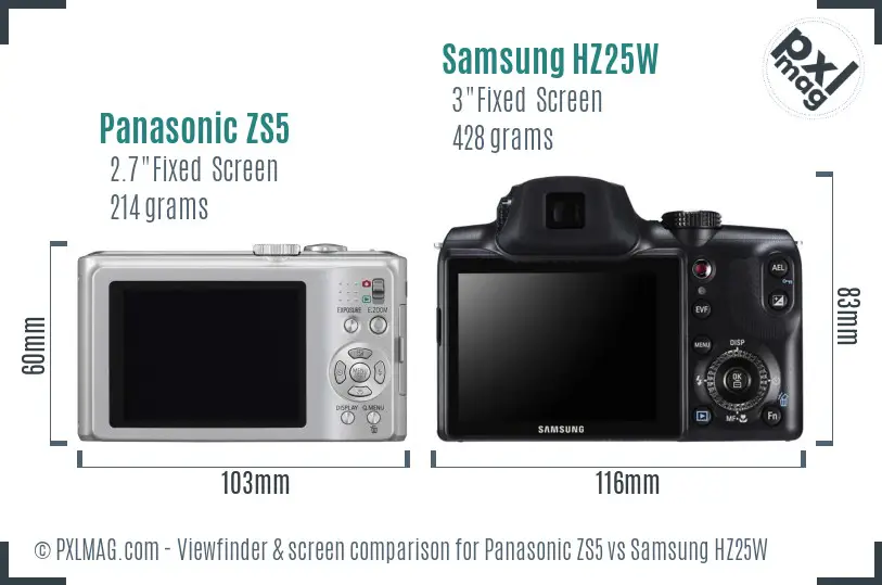 Panasonic ZS5 vs Samsung HZ25W Screen and Viewfinder comparison