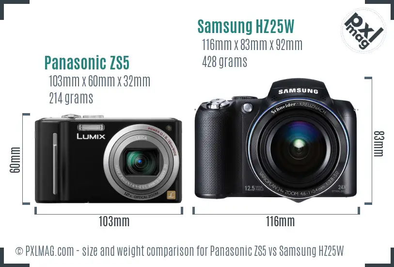 Panasonic ZS5 vs Samsung HZ25W size comparison