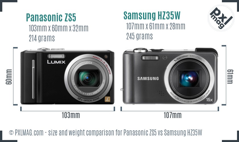 Panasonic ZS5 vs Samsung HZ35W size comparison