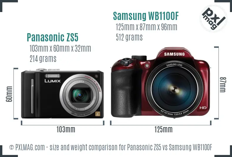 Panasonic ZS5 vs Samsung WB1100F size comparison