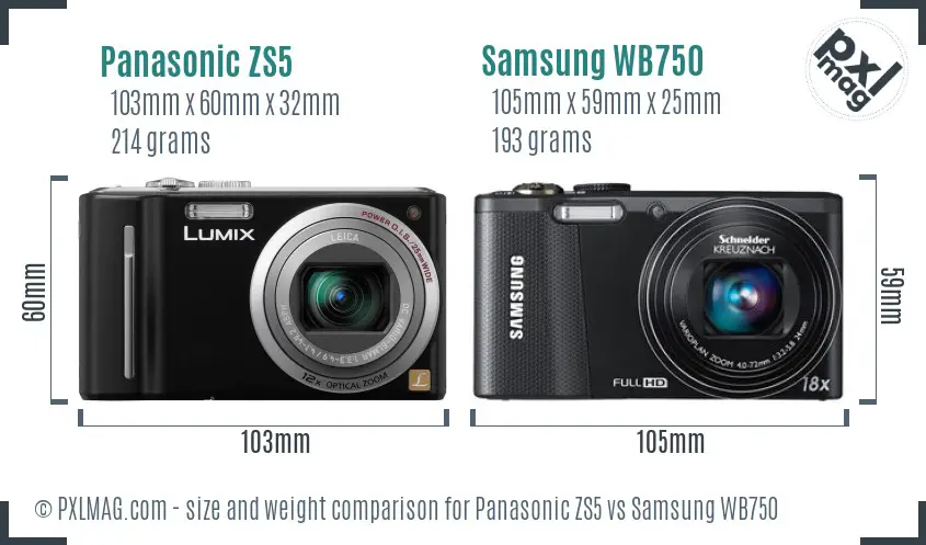 Panasonic ZS5 vs Samsung WB750 size comparison