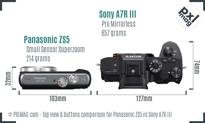 Panasonic ZS5 vs Sony A7R III top view buttons comparison