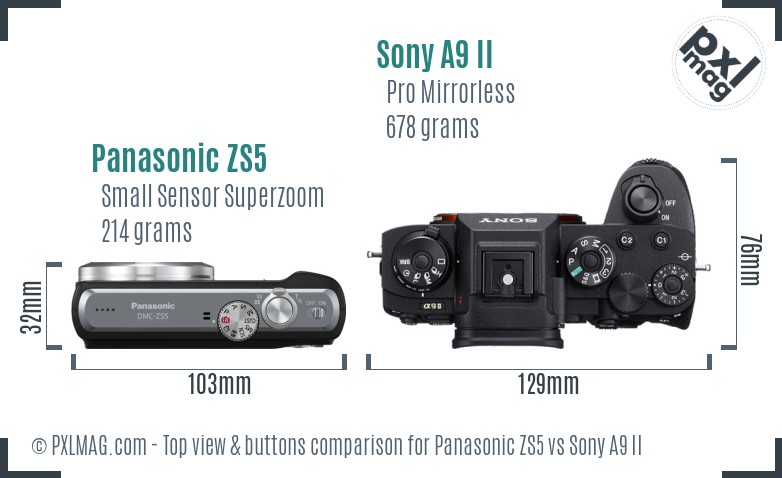 Panasonic ZS5 vs Sony A9 II top view buttons comparison