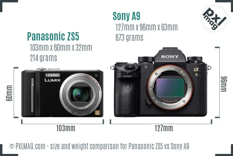 Panasonic ZS5 vs Sony A9 size comparison