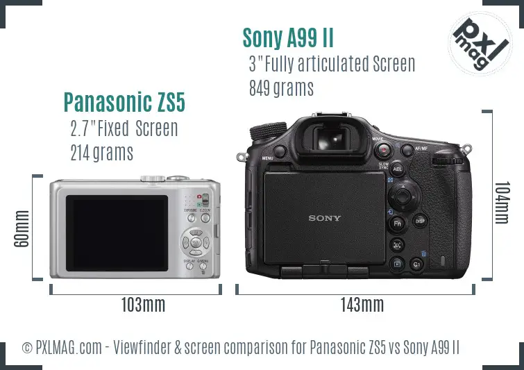 Panasonic ZS5 vs Sony A99 II Screen and Viewfinder comparison