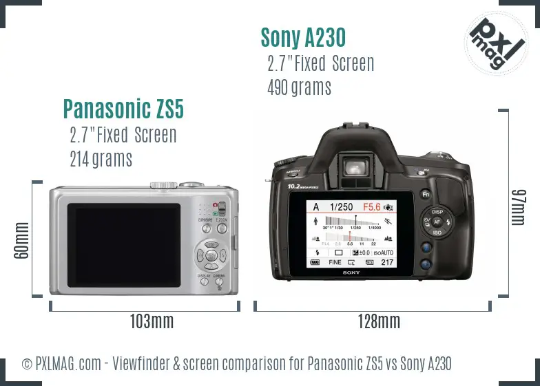 Panasonic ZS5 vs Sony A230 Screen and Viewfinder comparison