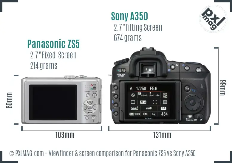 Panasonic ZS5 vs Sony A350 Screen and Viewfinder comparison