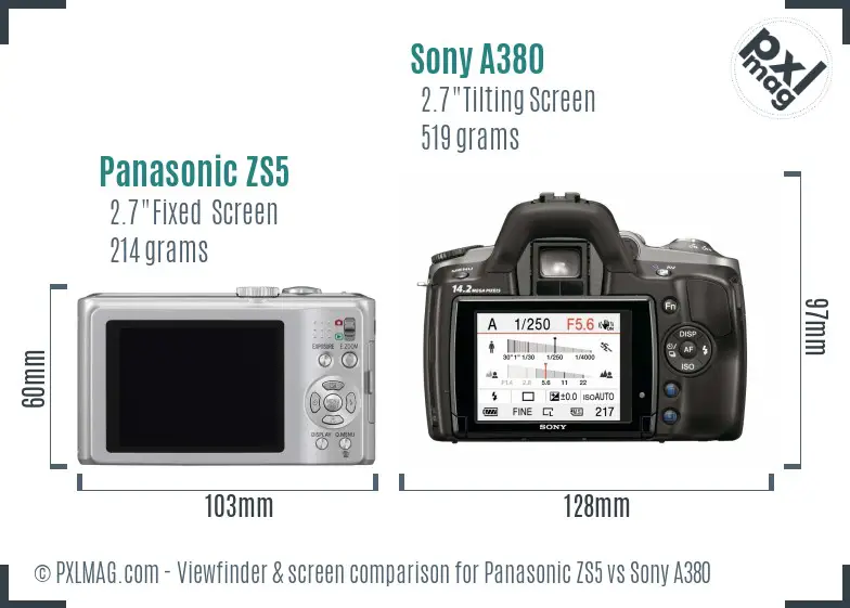 Panasonic ZS5 vs Sony A380 Screen and Viewfinder comparison