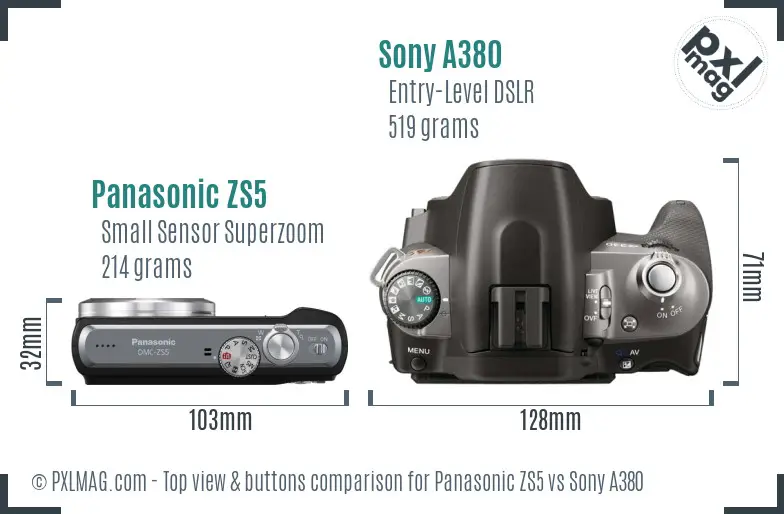 Panasonic ZS5 vs Sony A380 top view buttons comparison