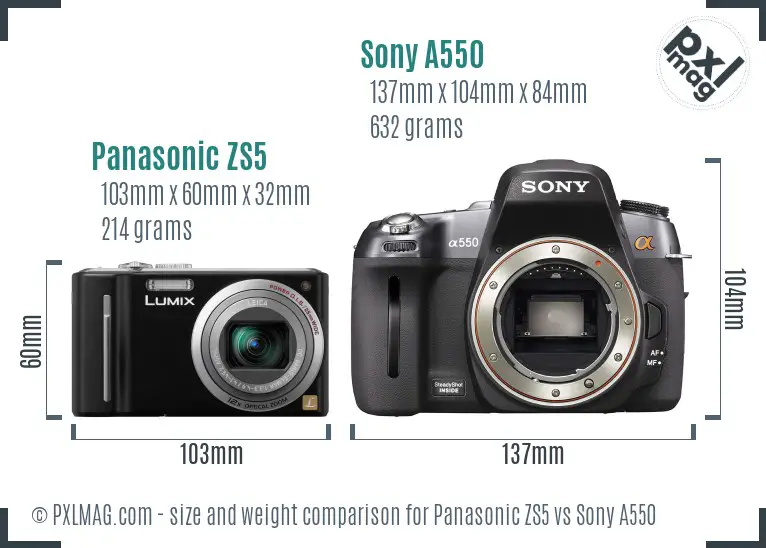 Panasonic ZS5 vs Sony A550 size comparison