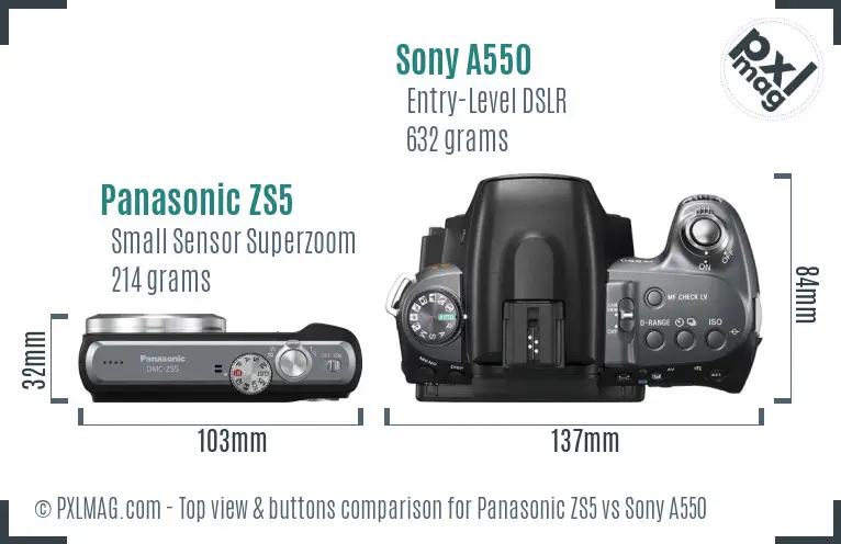 Panasonic ZS5 vs Sony A550 top view buttons comparison