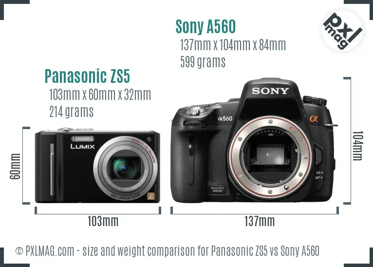 Panasonic ZS5 vs Sony A560 size comparison