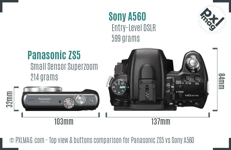 Panasonic ZS5 vs Sony A560 top view buttons comparison