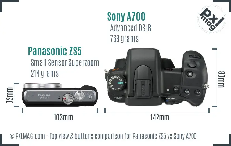 Panasonic ZS5 vs Sony A700 top view buttons comparison Panasonic ZS5 vs Sony A700 top view buttons comparison