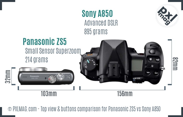 Panasonic ZS5 vs Sony A850 top view buttons comparison