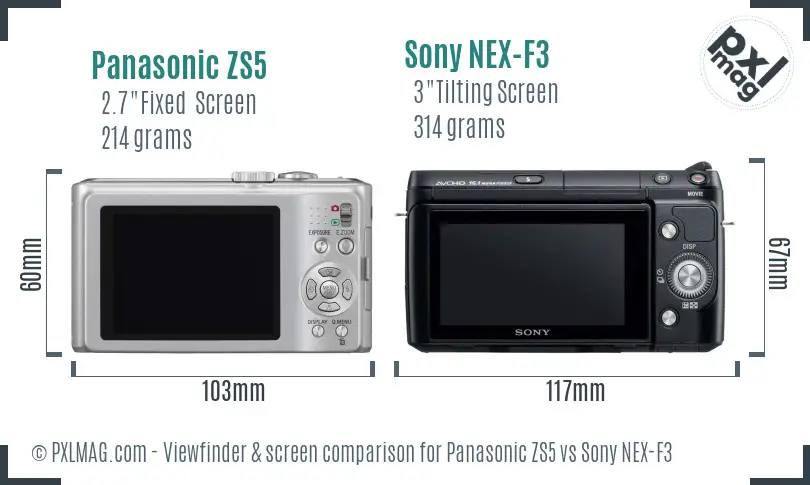 Panasonic ZS5 vs Sony NEX-F3 Screen and Viewfinder comparison