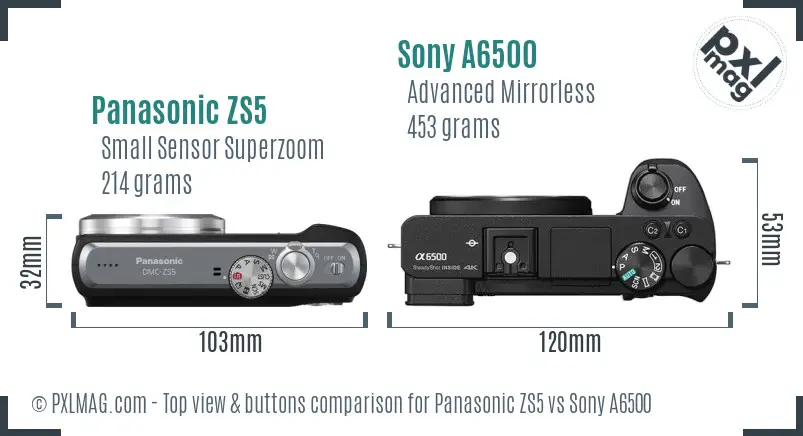 Panasonic ZS5 vs Sony A6500 top view buttons comparison Panasonic ZS5 vs Sony A6500 top view buttons comparison