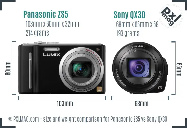 Panasonic ZS5 vs Sony QX30 size comparison