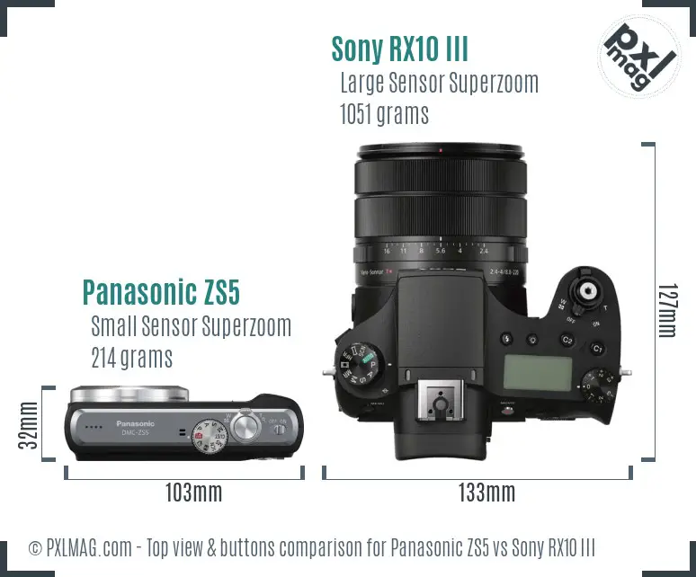 Panasonic ZS5 vs Sony RX10 III top view buttons comparison