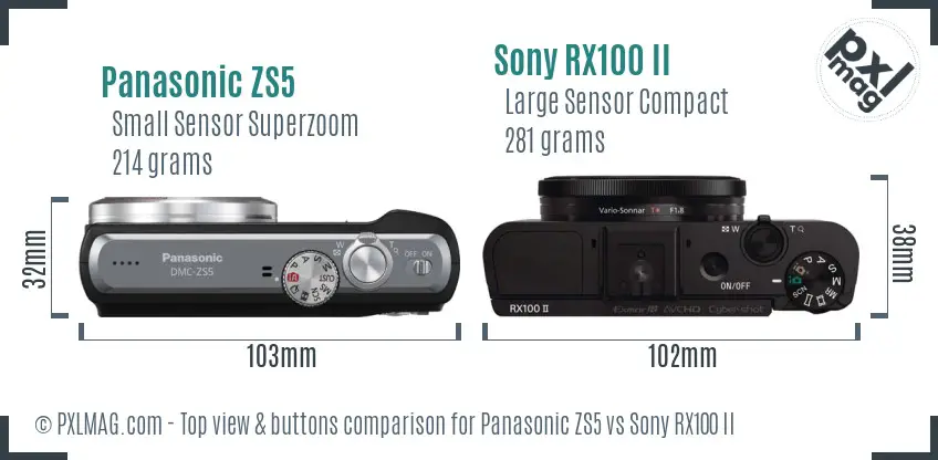 Panasonic ZS5 vs Sony RX100 II top view buttons comparison Panasonic ZS5 vs Sony RX100 II top view buttons comparison