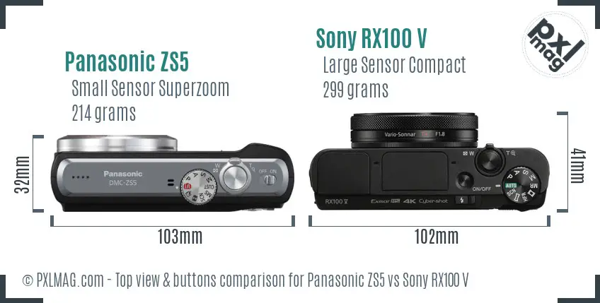 Panasonic ZS5 vs Sony RX100 V top view buttons comparison