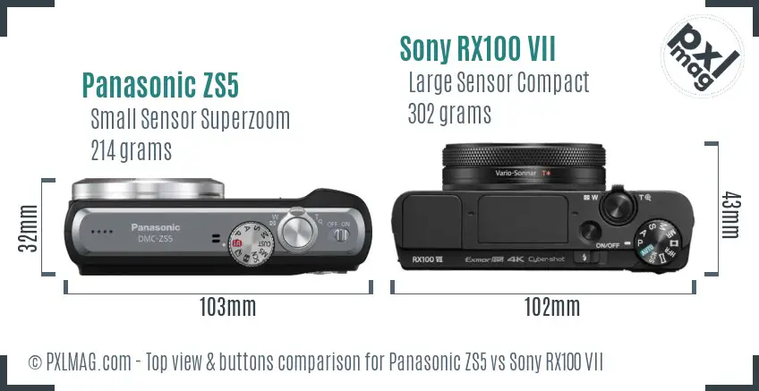 Panasonic ZS5 vs Sony RX100 VII top view buttons comparison Panasonic ZS5 vs Sony RX100 VII top view buttons comparison
