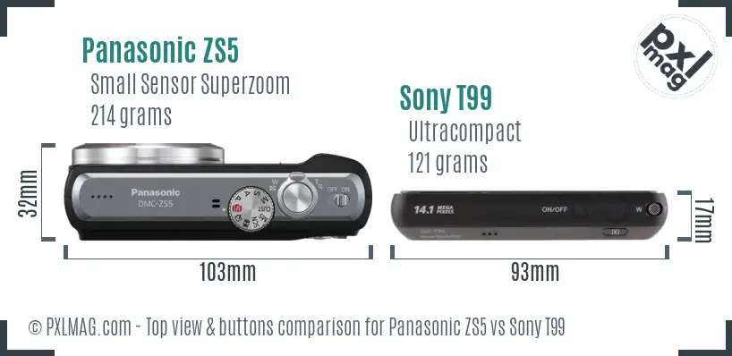 Panasonic ZS5 vs Sony T99 top view buttons comparison Panasonic ZS5 vs Sony T99 top view buttons comparison
