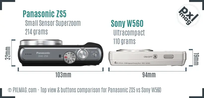 Panasonic ZS5 vs Sony W560 top view buttons comparison