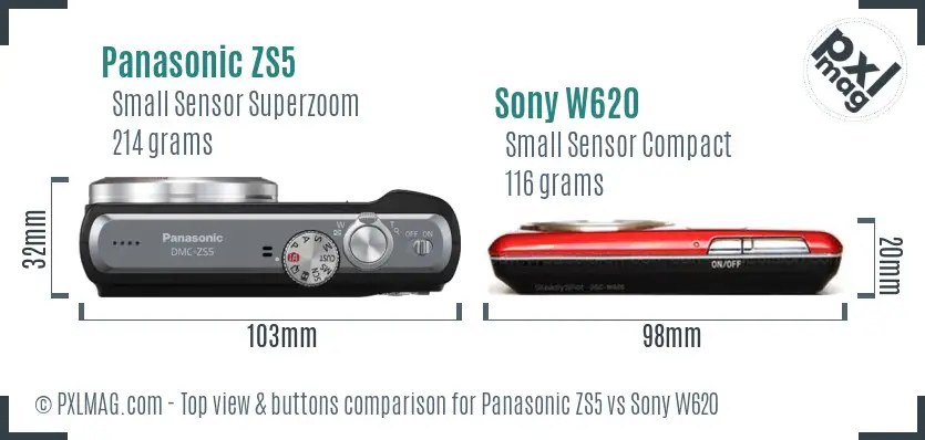 Panasonic ZS5 vs Sony W620 top view buttons comparison