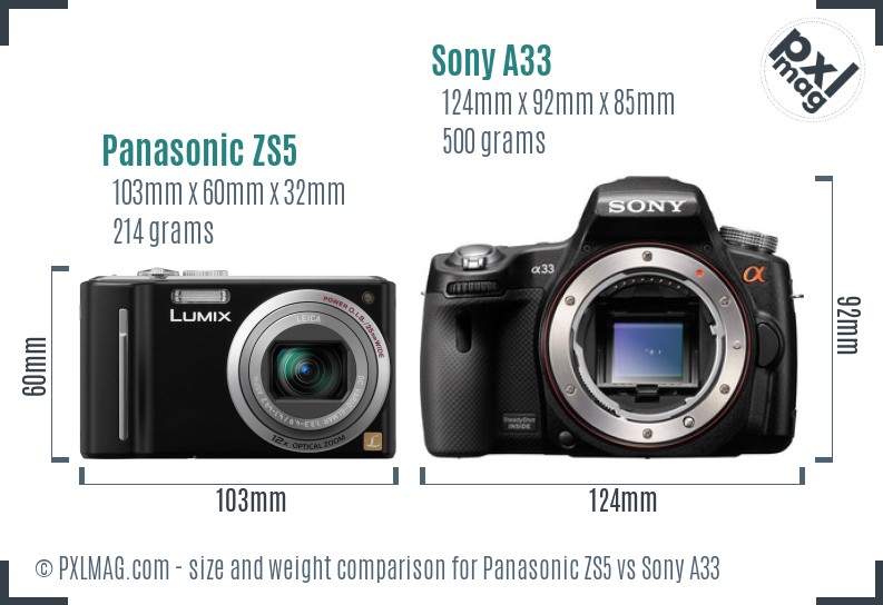 Panasonic ZS5 vs Sony A33 size comparison