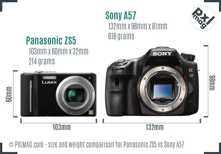 Panasonic ZS5 vs Sony A57 size comparison