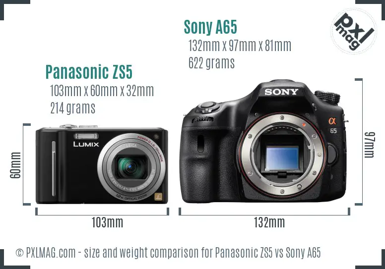 Panasonic ZS5 vs Sony A65 size comparison