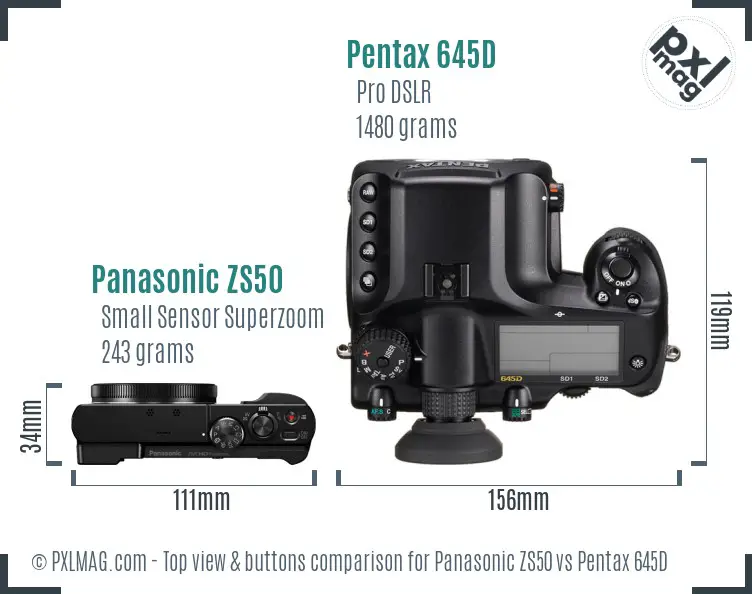 Panasonic ZS50 vs Pentax 645D top view buttons comparison