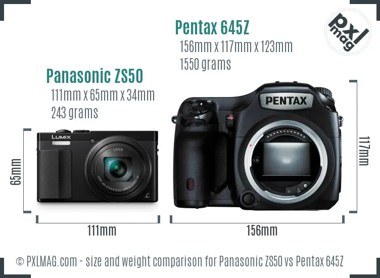 Panasonic ZS50 vs Pentax 645Z size comparison