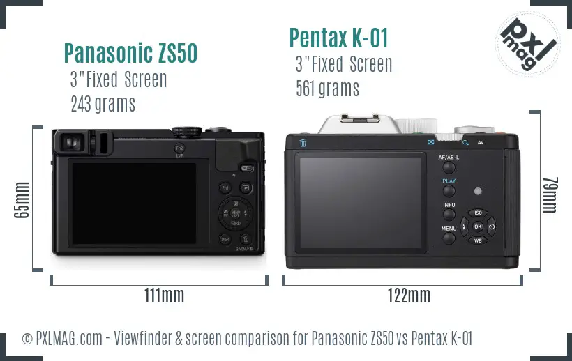 Panasonic ZS50 vs Pentax K-01 Screen and Viewfinder comparison