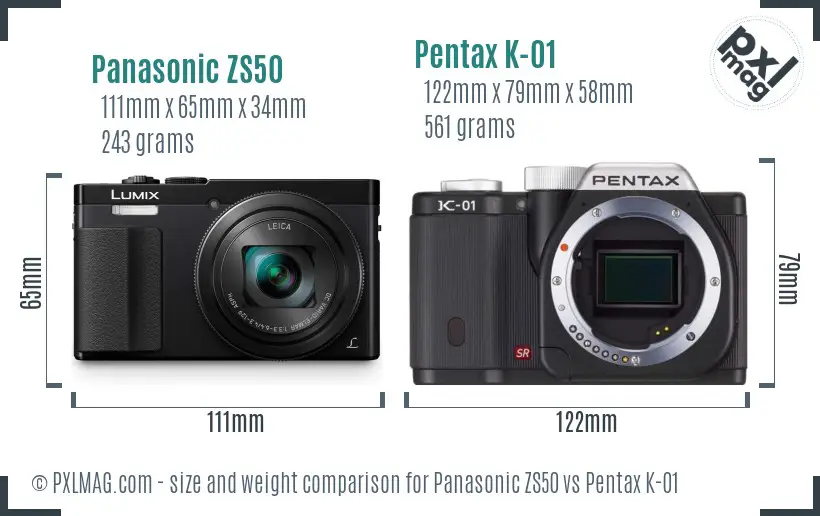 Panasonic ZS50 vs Pentax K-01 size comparison