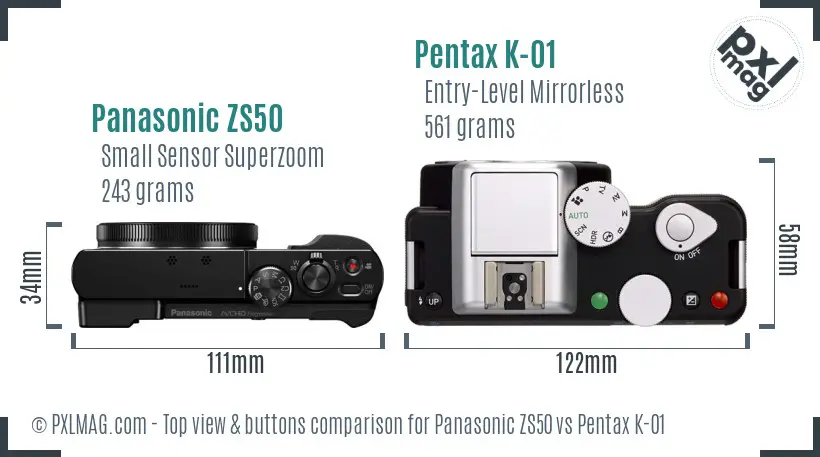 Panasonic ZS50 vs Pentax K-01 top view buttons comparison