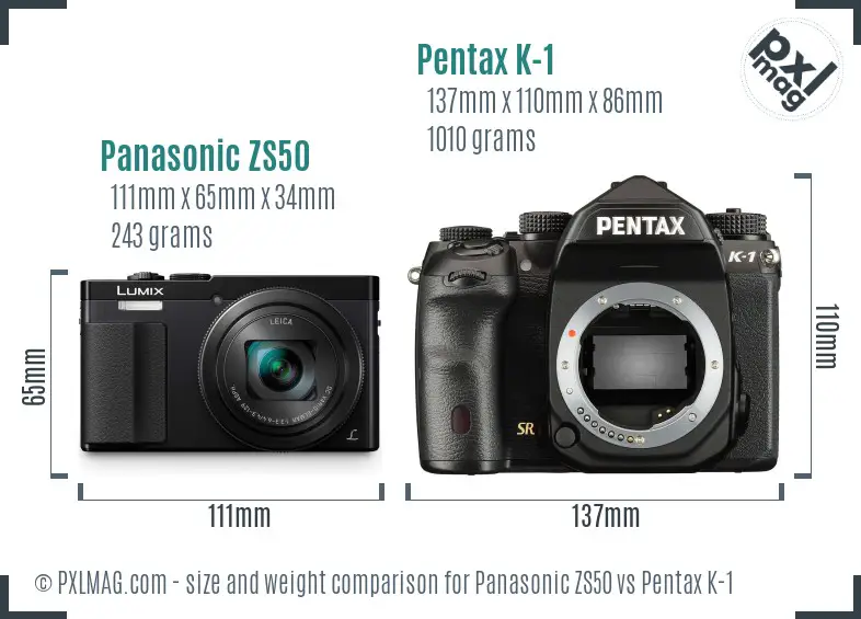 Panasonic ZS50 vs Pentax K-1 size comparison
